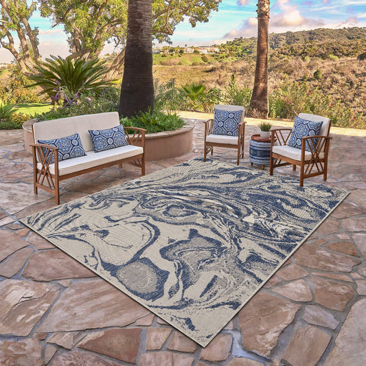 Abstract Oasis White/Navy Indoor/Outdoor Area Rug