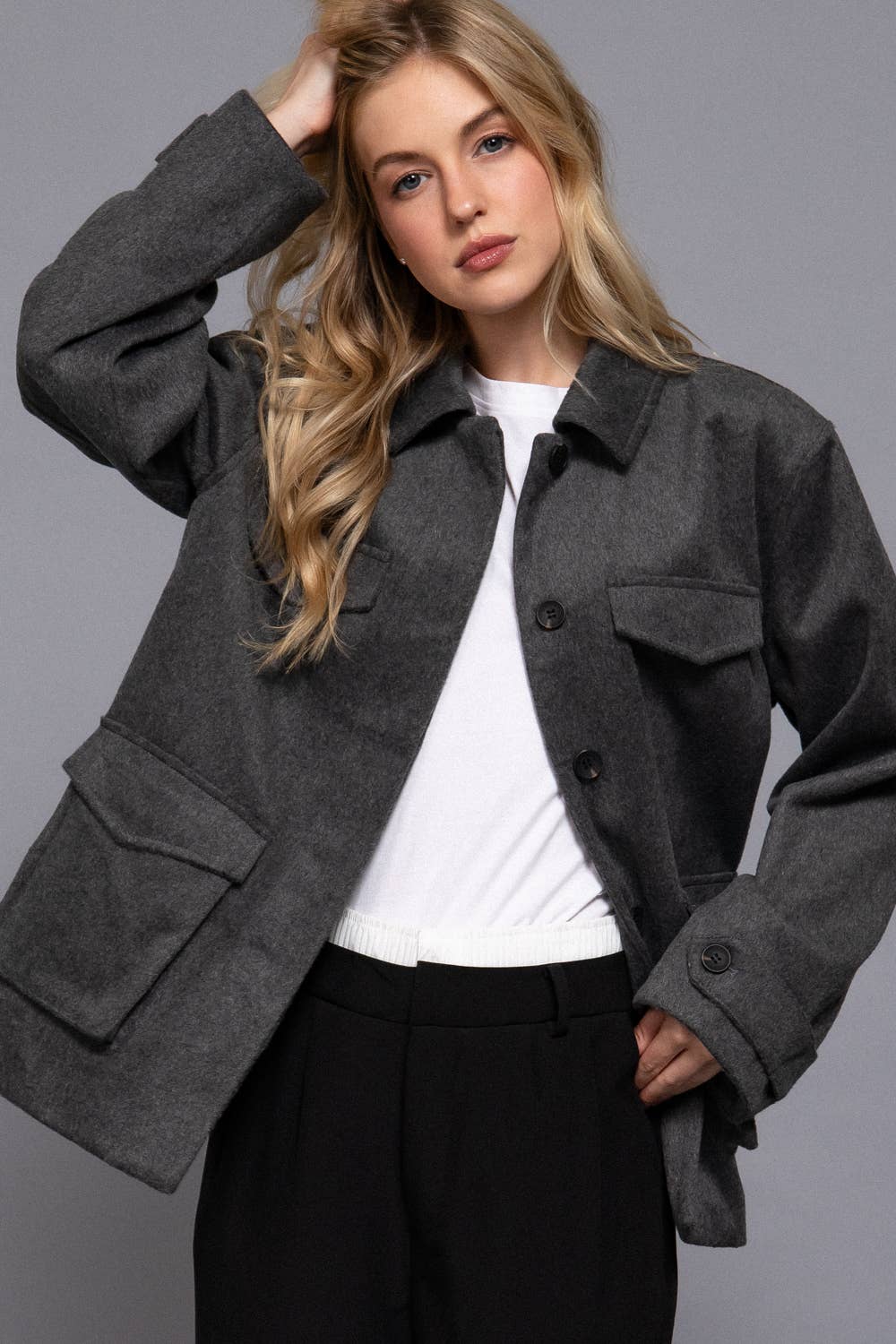 Long Sleeve Front Concealed Button with Flap Soft Felt Coat