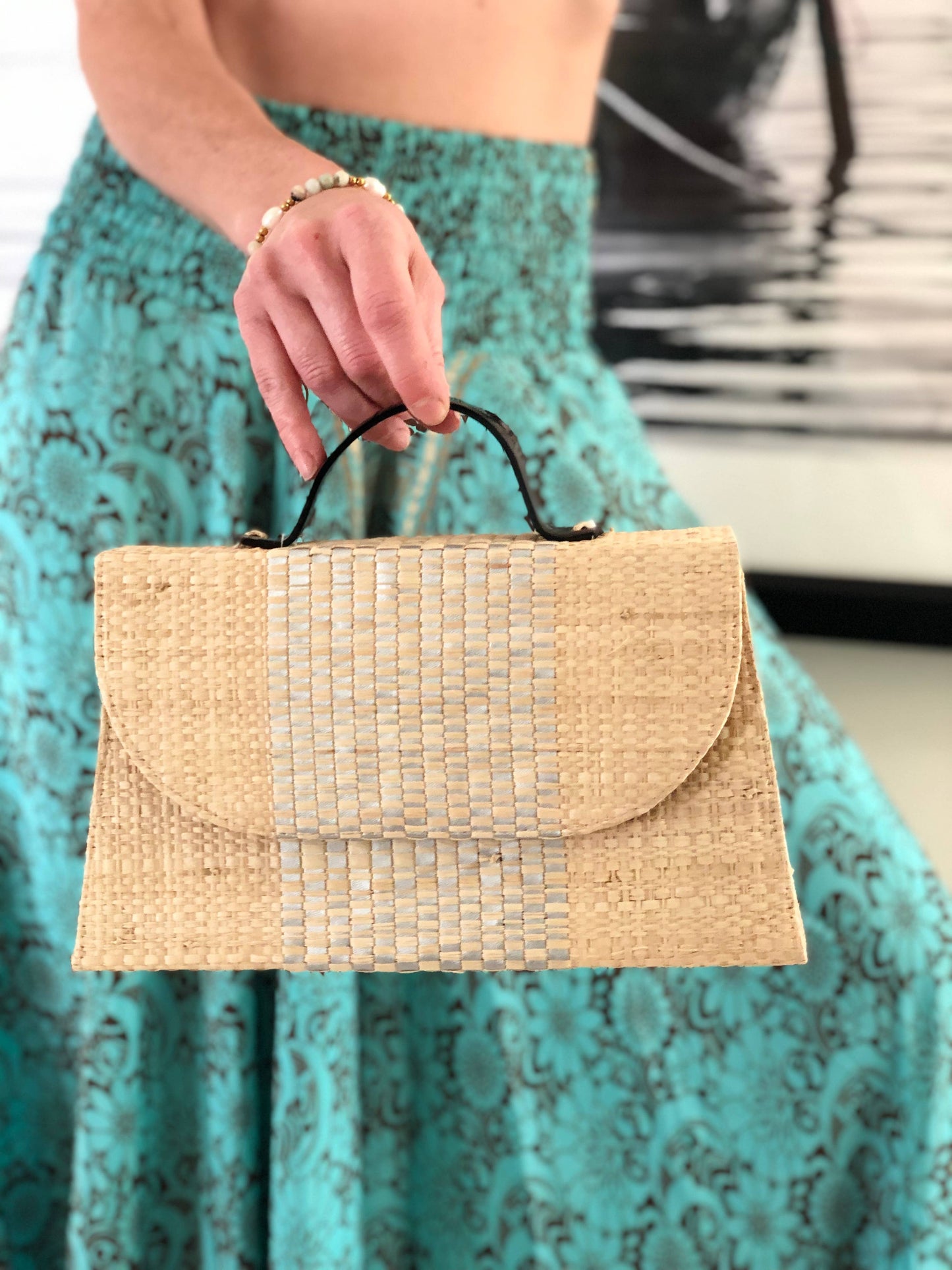 Wynwood Straw Handbag with Metallic Detailing & Horn Handle