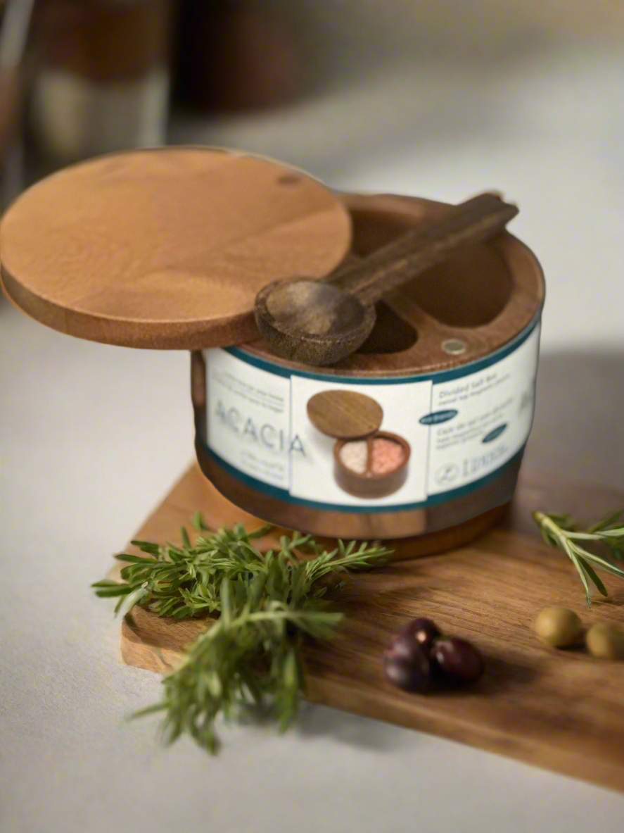 Divided Wood Salt Box with Swivel Lid and Magnetic Closure
