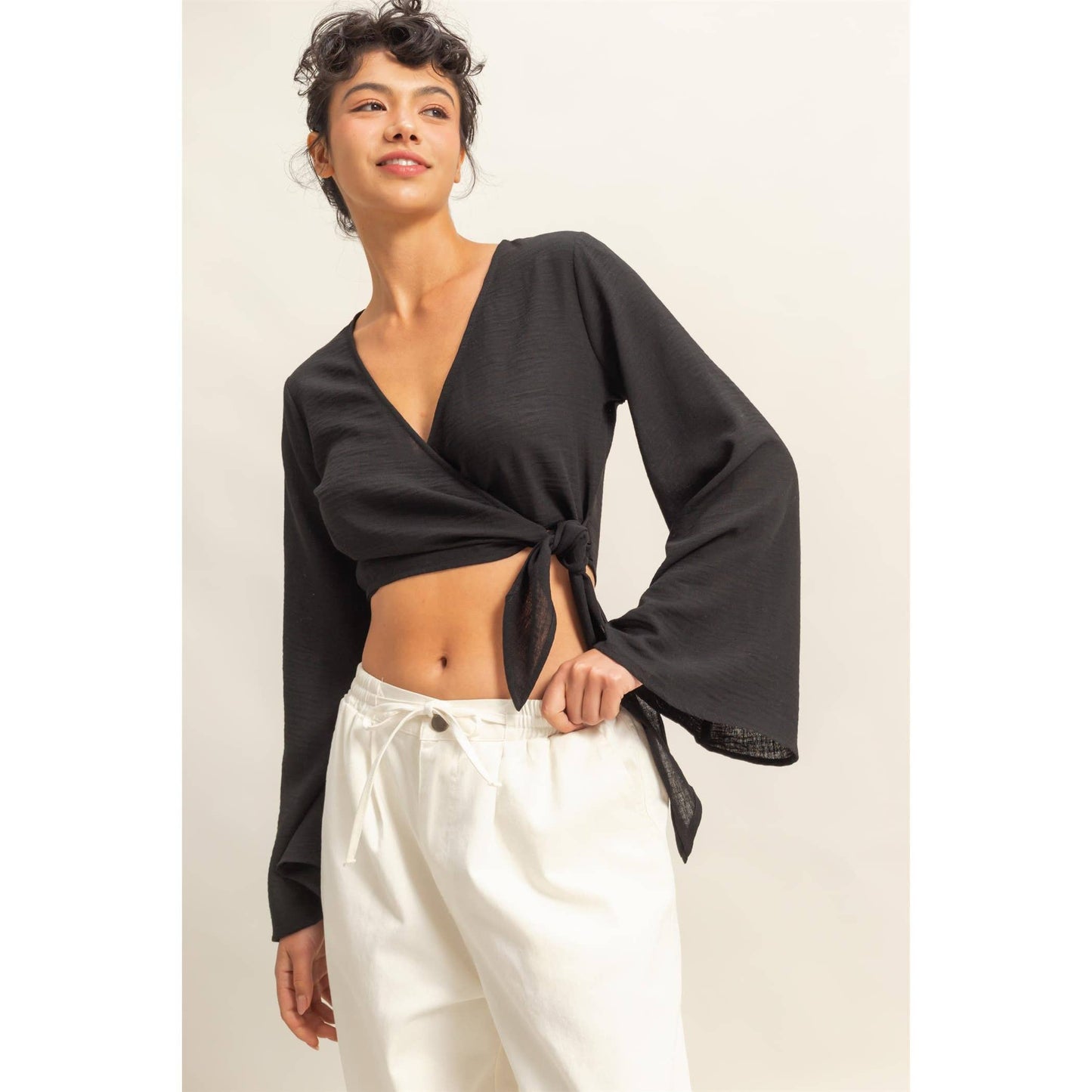 Crinkle Woven Wrap Style Cropped Blouse