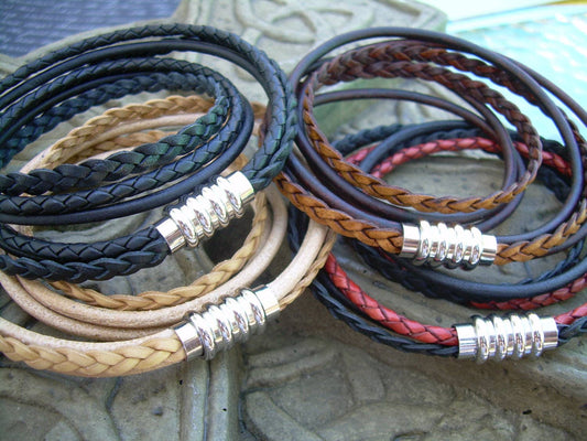 Mens Leather Bracelet|Stainless Steel Magnetic Clasp Double Wrap Bracelet