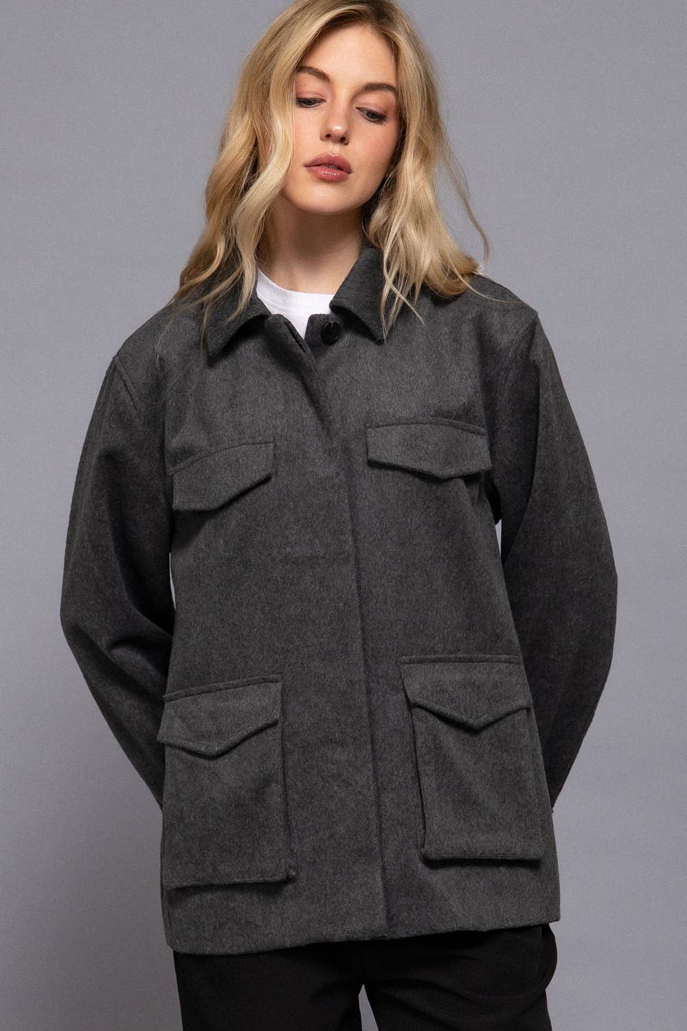 Long Sleeve Front Concealed Button with Flap Soft Felt Coat