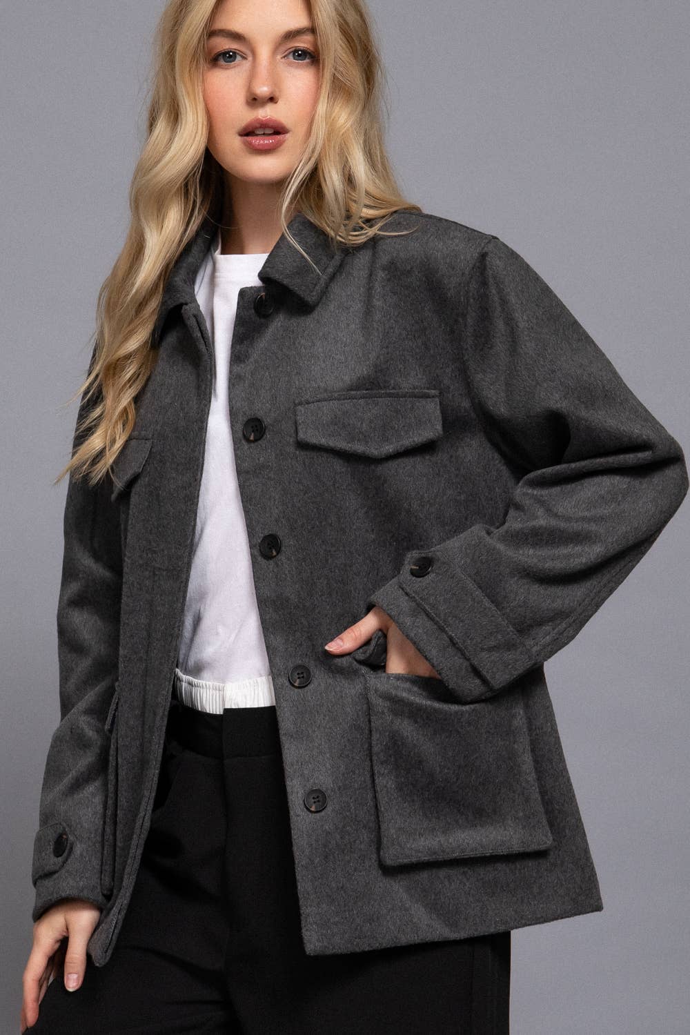 Long Sleeve Front Concealed Button with Flap Soft Felt Coat