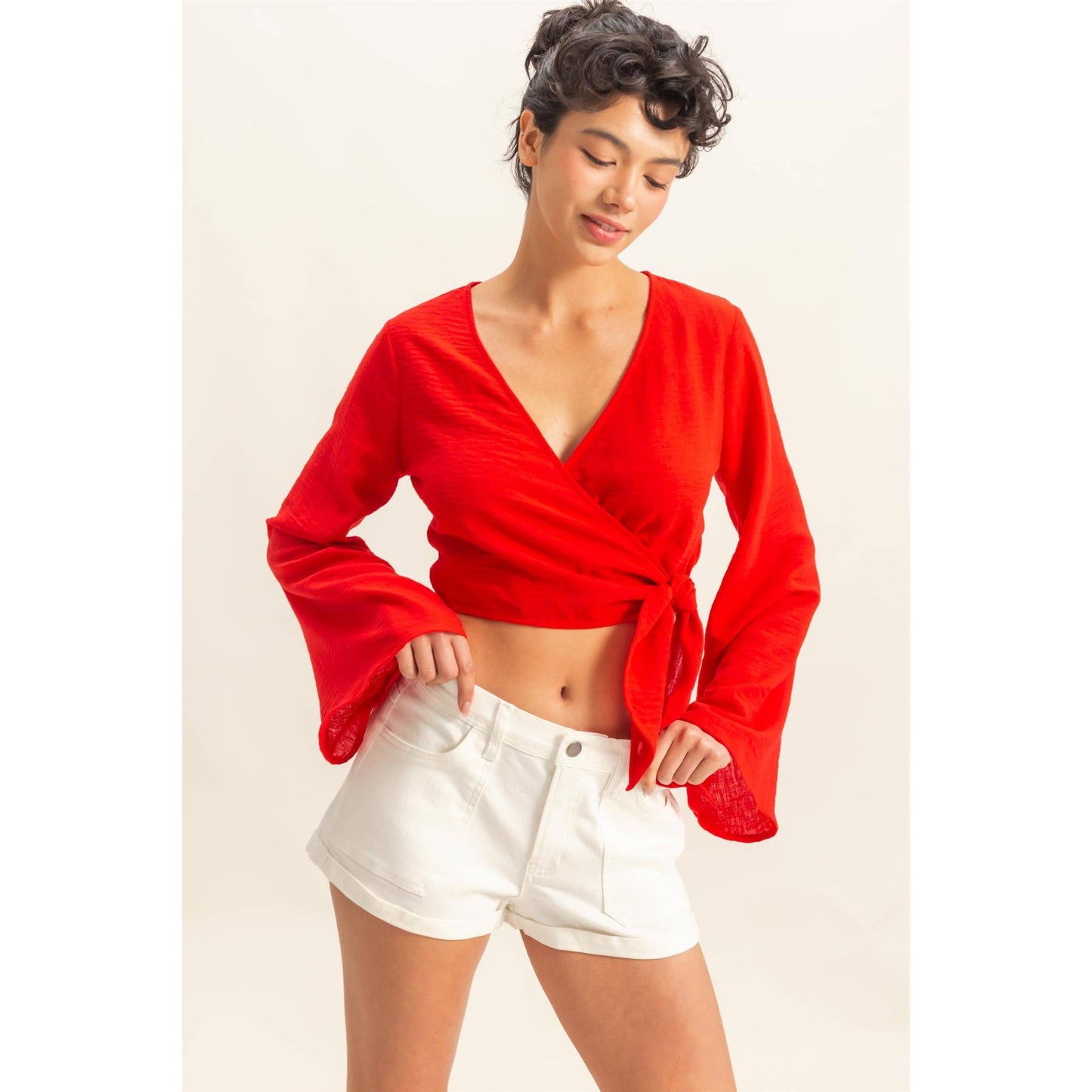 Crinkle Woven Wrap Style Cropped Blouse