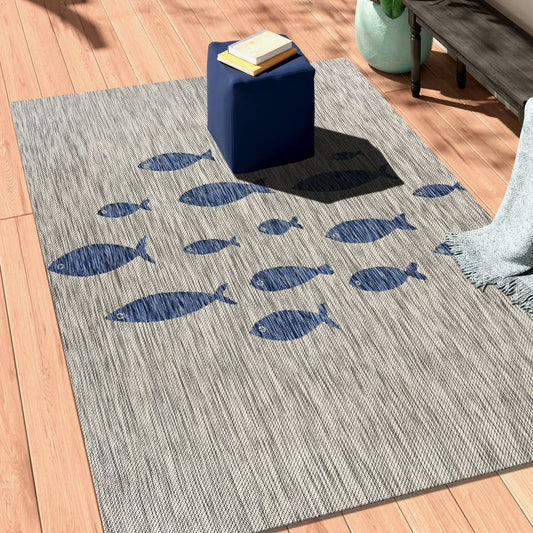 Navy/ Gray Coastal Fish Indoor/ Outdoor Area Rug