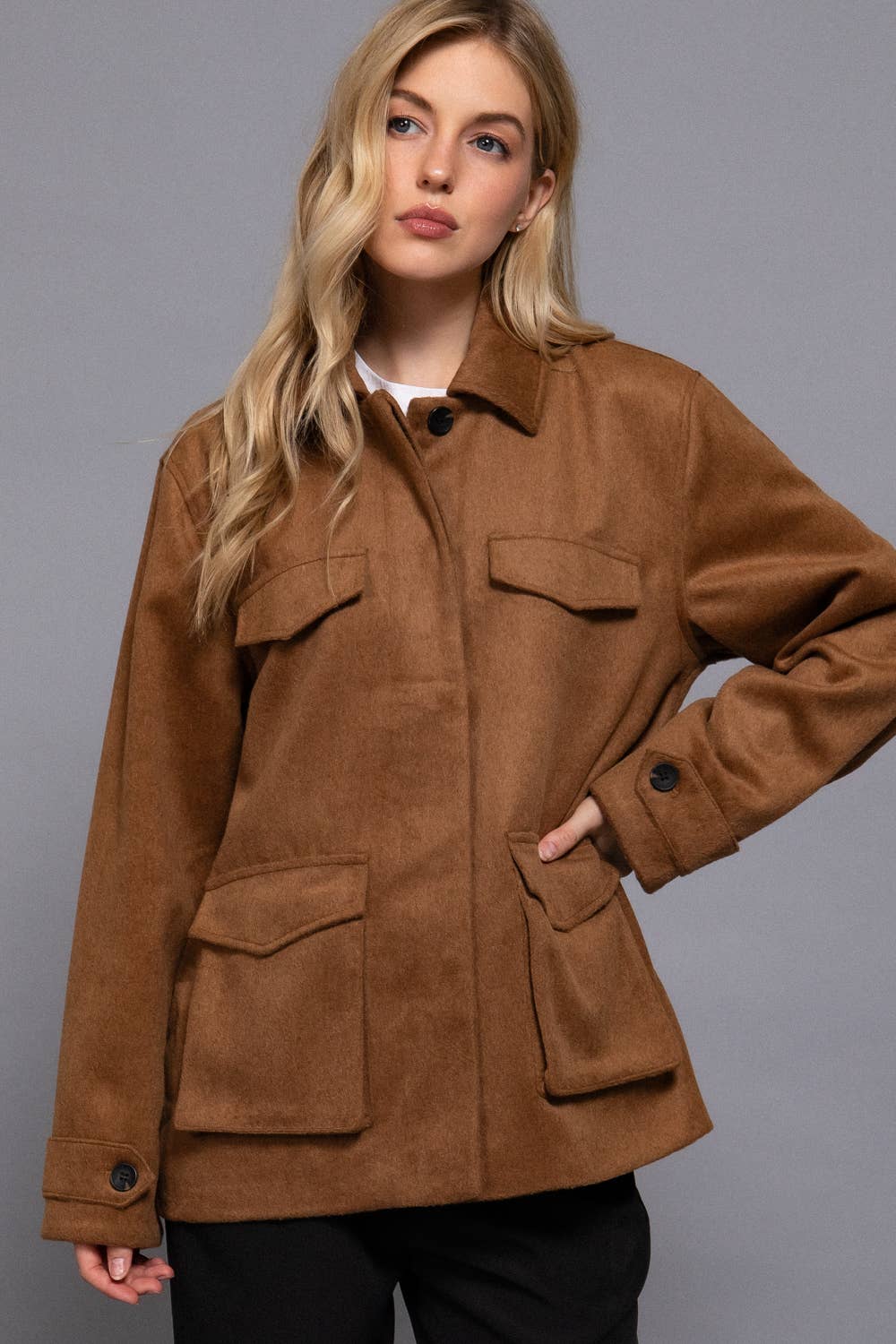 Long Sleeve Front Concealed Button with Flap Soft Felt Coat