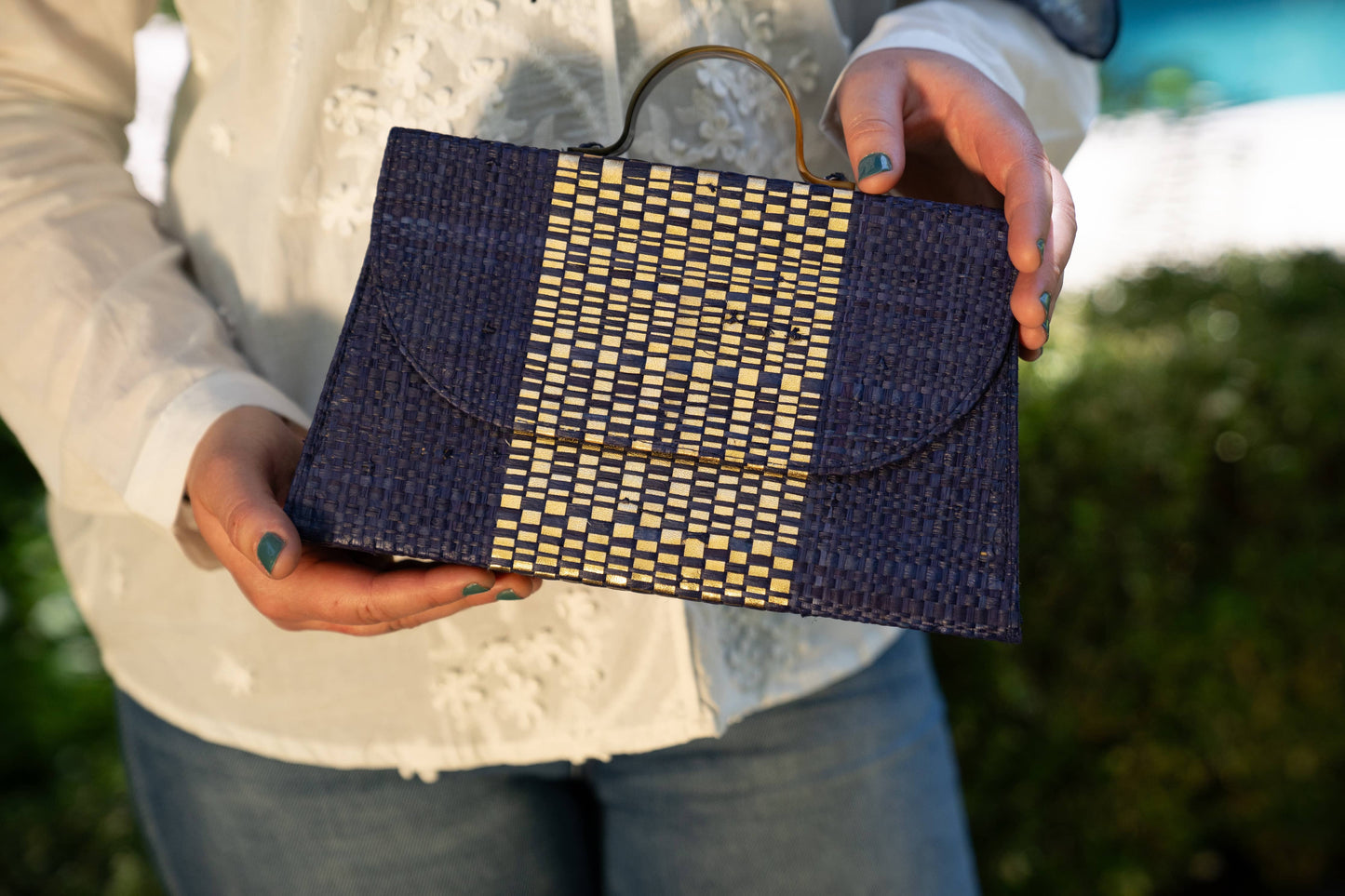 Wynwood Straw Handbag with Metallic Detailing & Horn Handle
