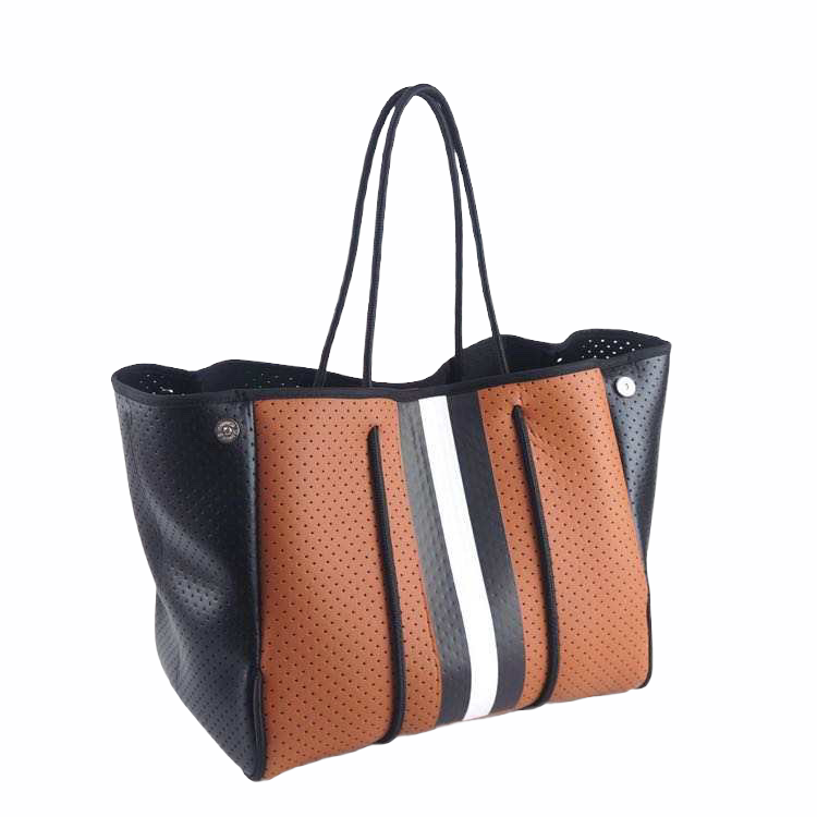 The Aniella Neoprene Tote - Brown with Black Stripe