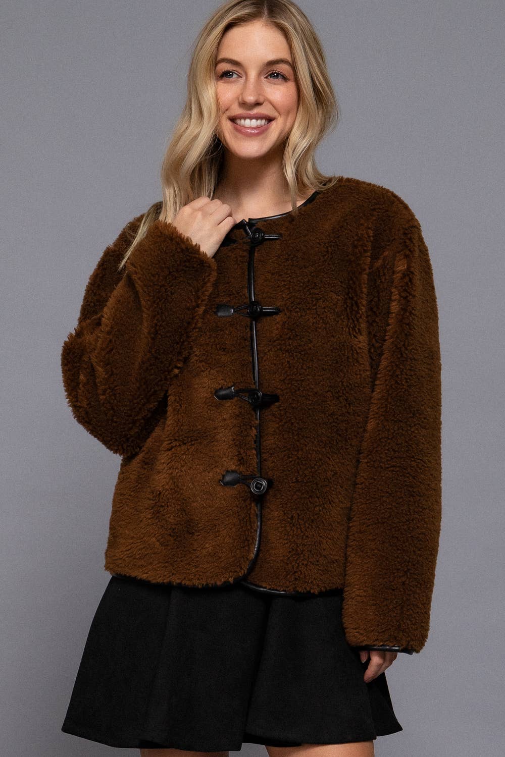 Long Sleeve Crew Neck with Toggle Look Button Fluffy Jacket
