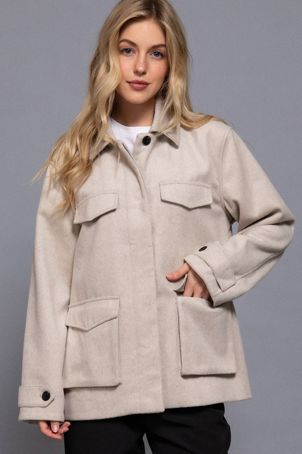 Long Sleeve Front Concealed Button with Flap Soft Felt Coat