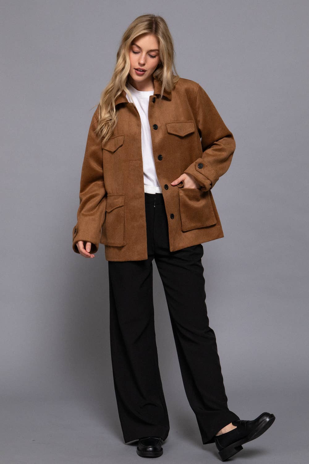 Long Sleeve Front Concealed Button with Flap Soft Felt Coat