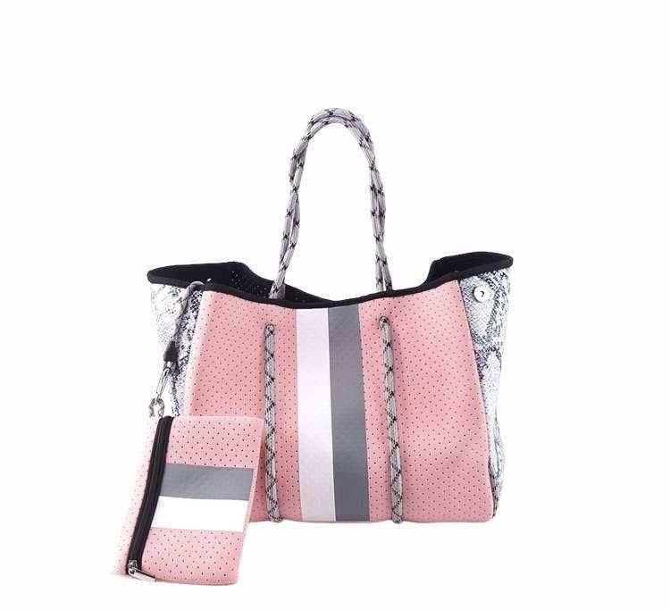 The Aniella Neoprene Tote - Pink with White and Gray Stripe