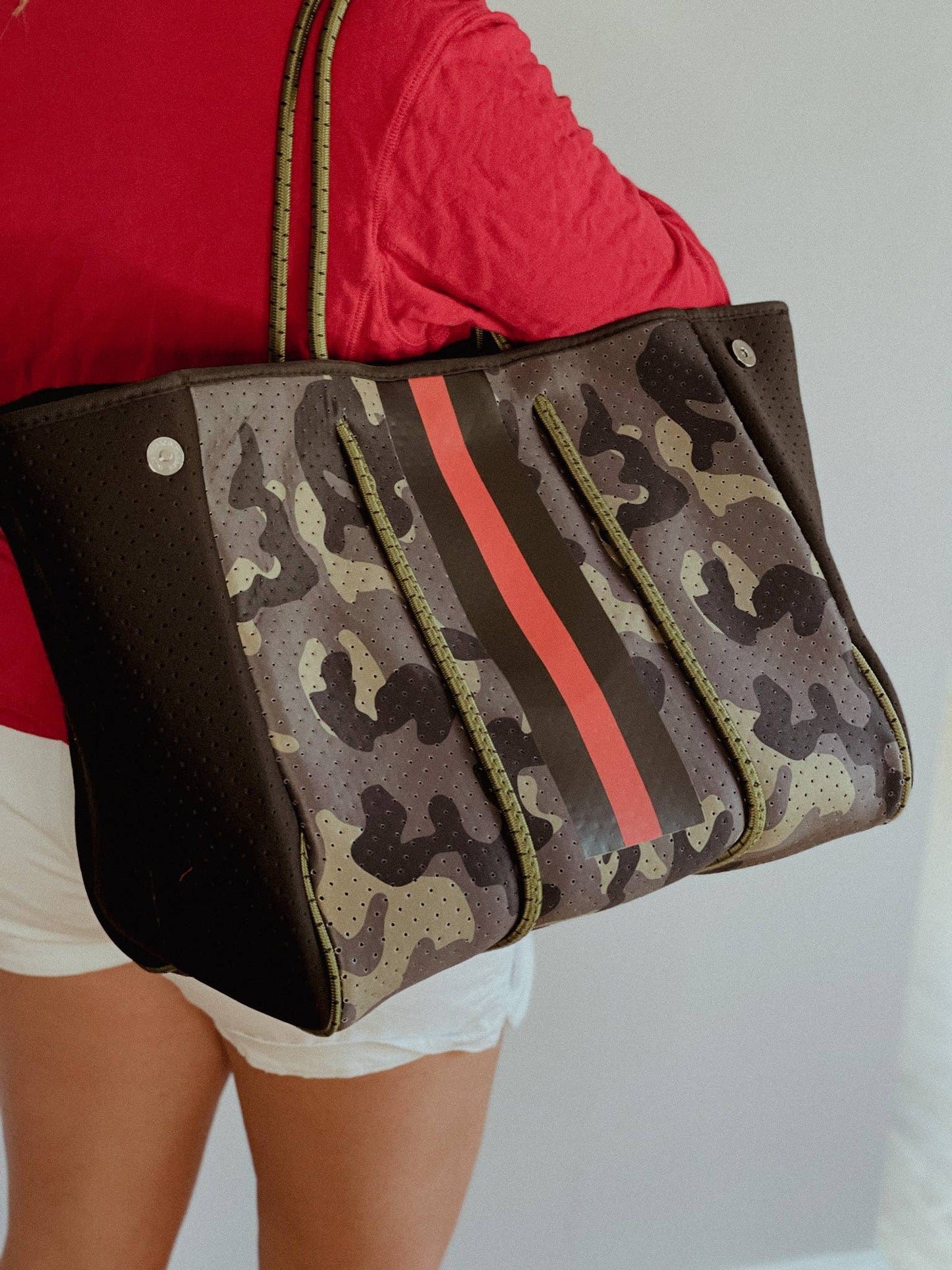The Aniella Neoprene Tote - Green Camo with Red Racer Stripe