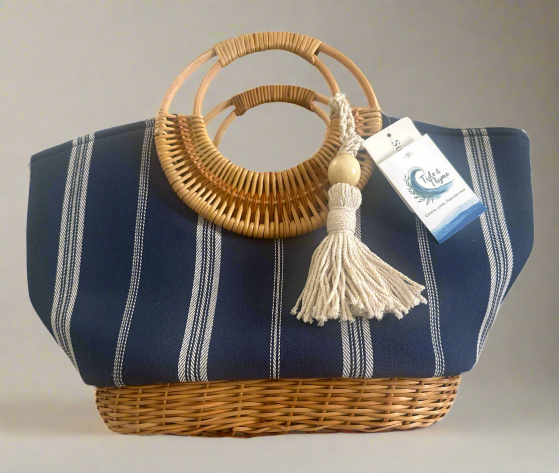 Blue & Straw Tote Bag with Zipper Closure
