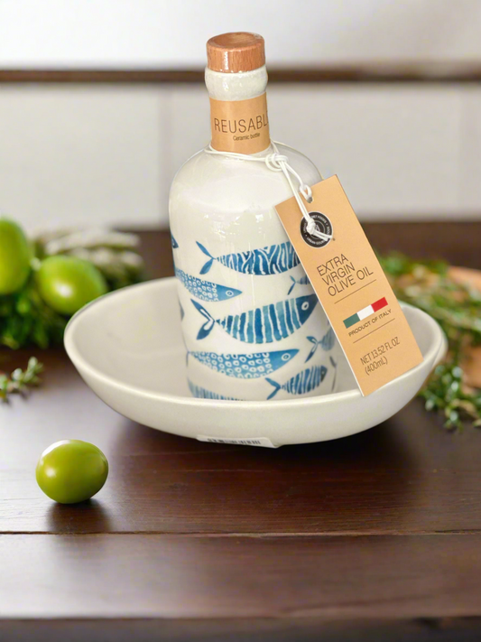 Reusable Ceramic Fish Olive Oil Container with Matching Bowl