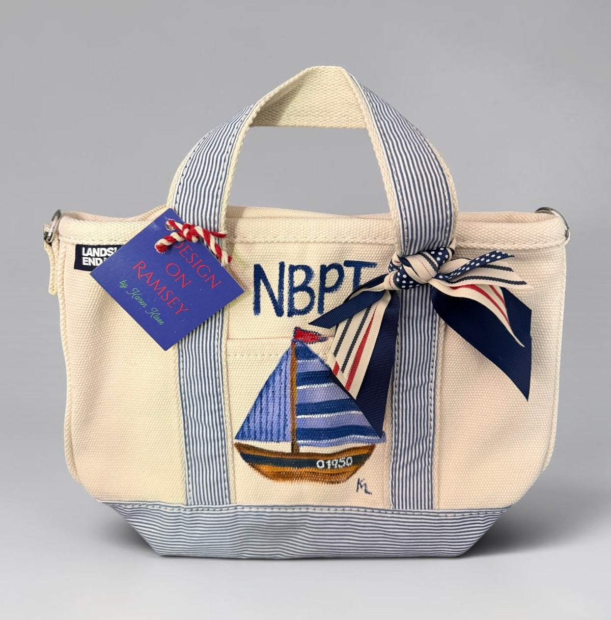 Custom handpainted canvas tote bags with coordinating ribbon