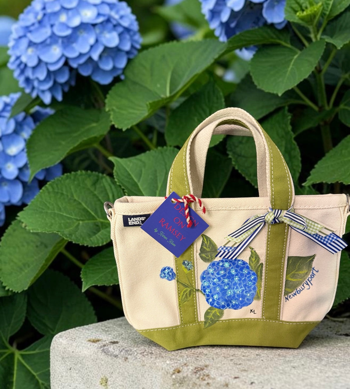 Custom handpainted canvas tote bags with coordinating ribbon