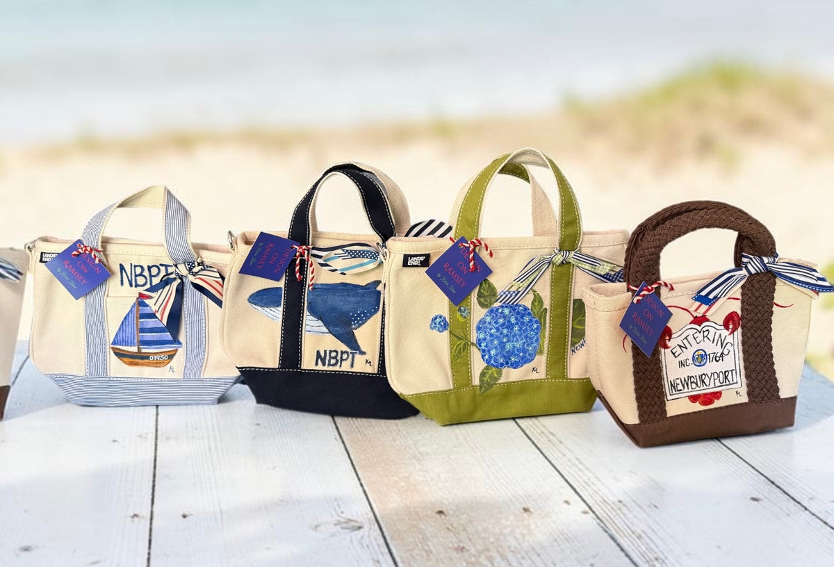Custom handpainted canvas tote bags with coordinating ribbon