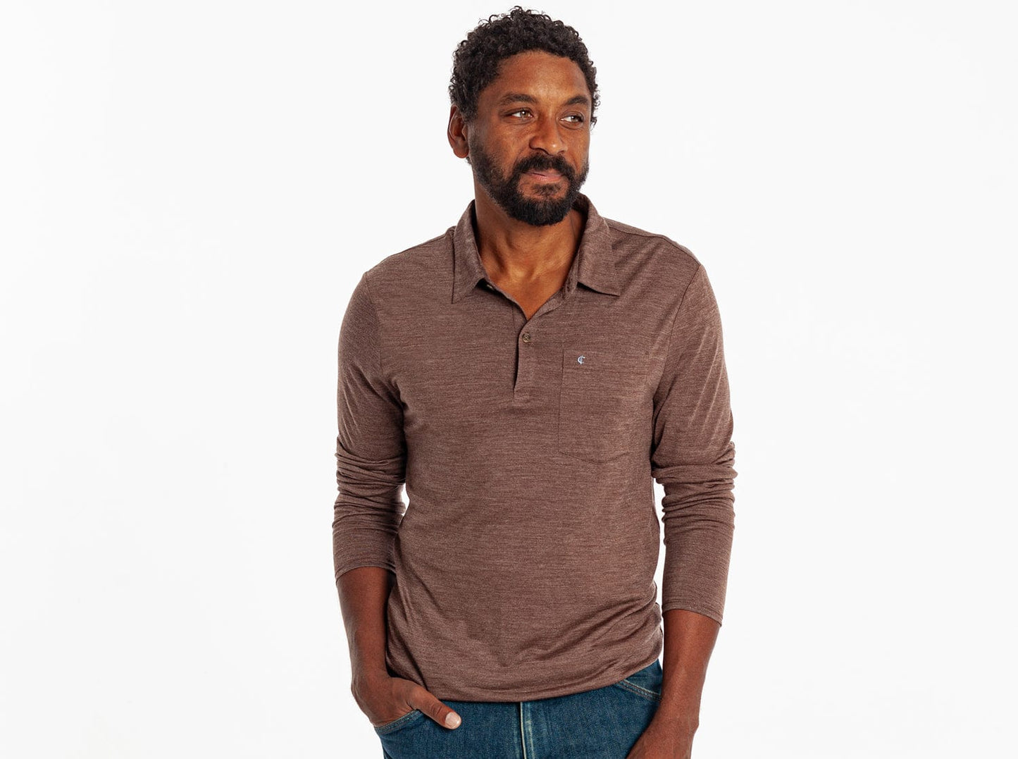 Dan Merino Long Sleeve Polo - Wool - Brown