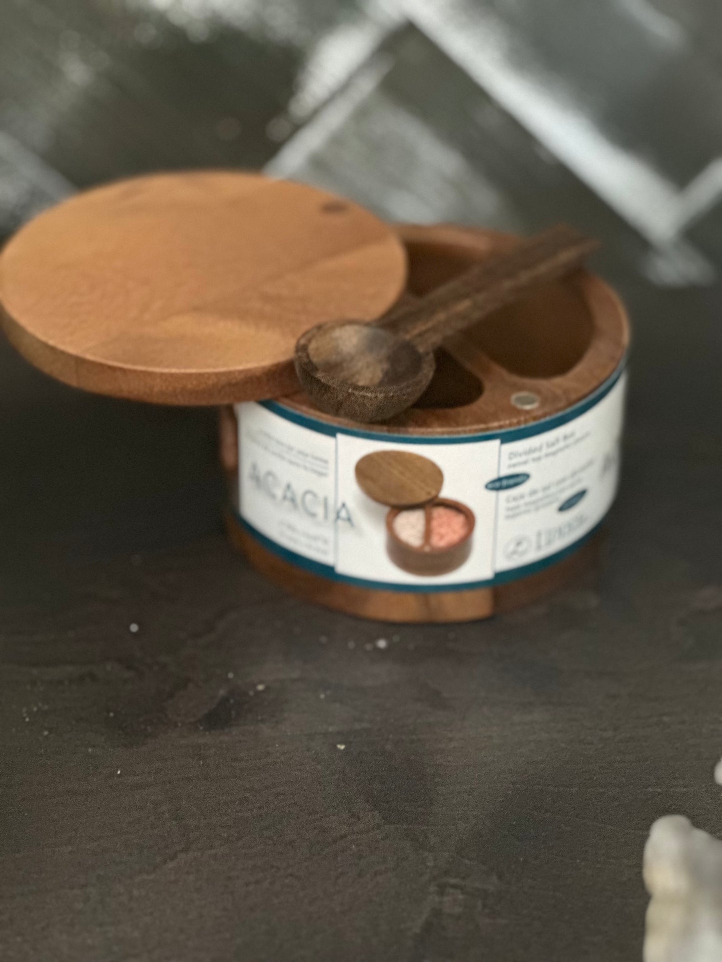 Divided Wood Salt Box with Swivel Lid and Magnetic Closure