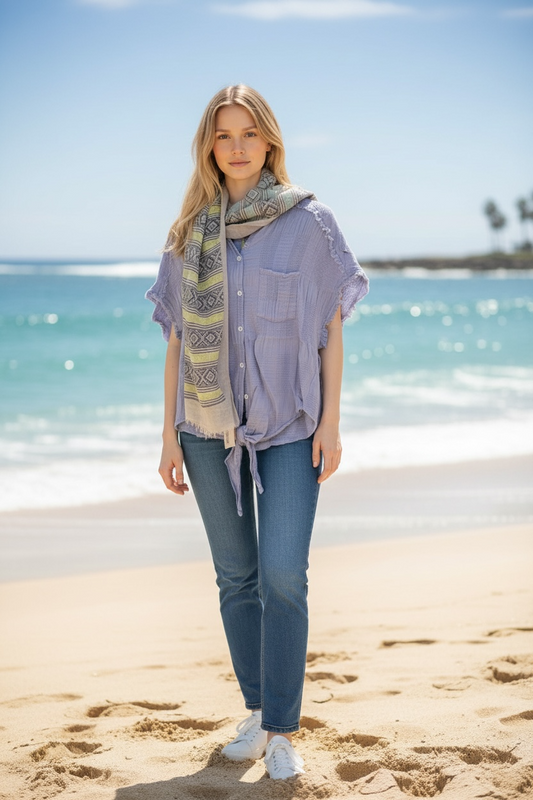 Textured Short Sleeve Button Front Tie Shirt