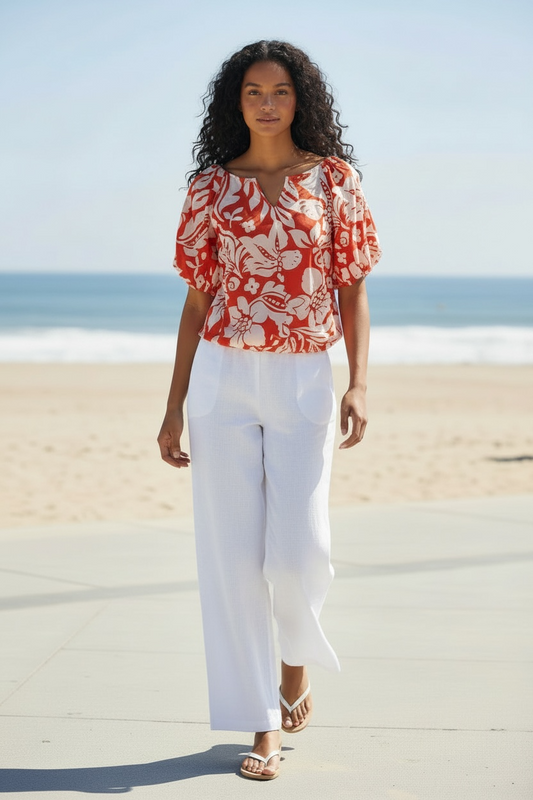 Boxy Cut Split Neck Two Tone Floral Print Balloon Shirt