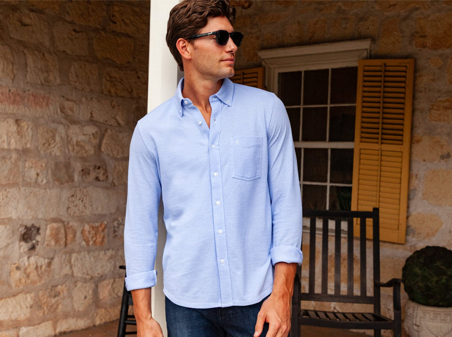 Criquet Oxford Knit Button Down in Light Blue, view 6