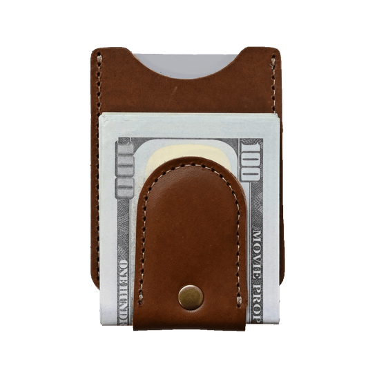 Money Clip Wallet - brown leather - front with cash