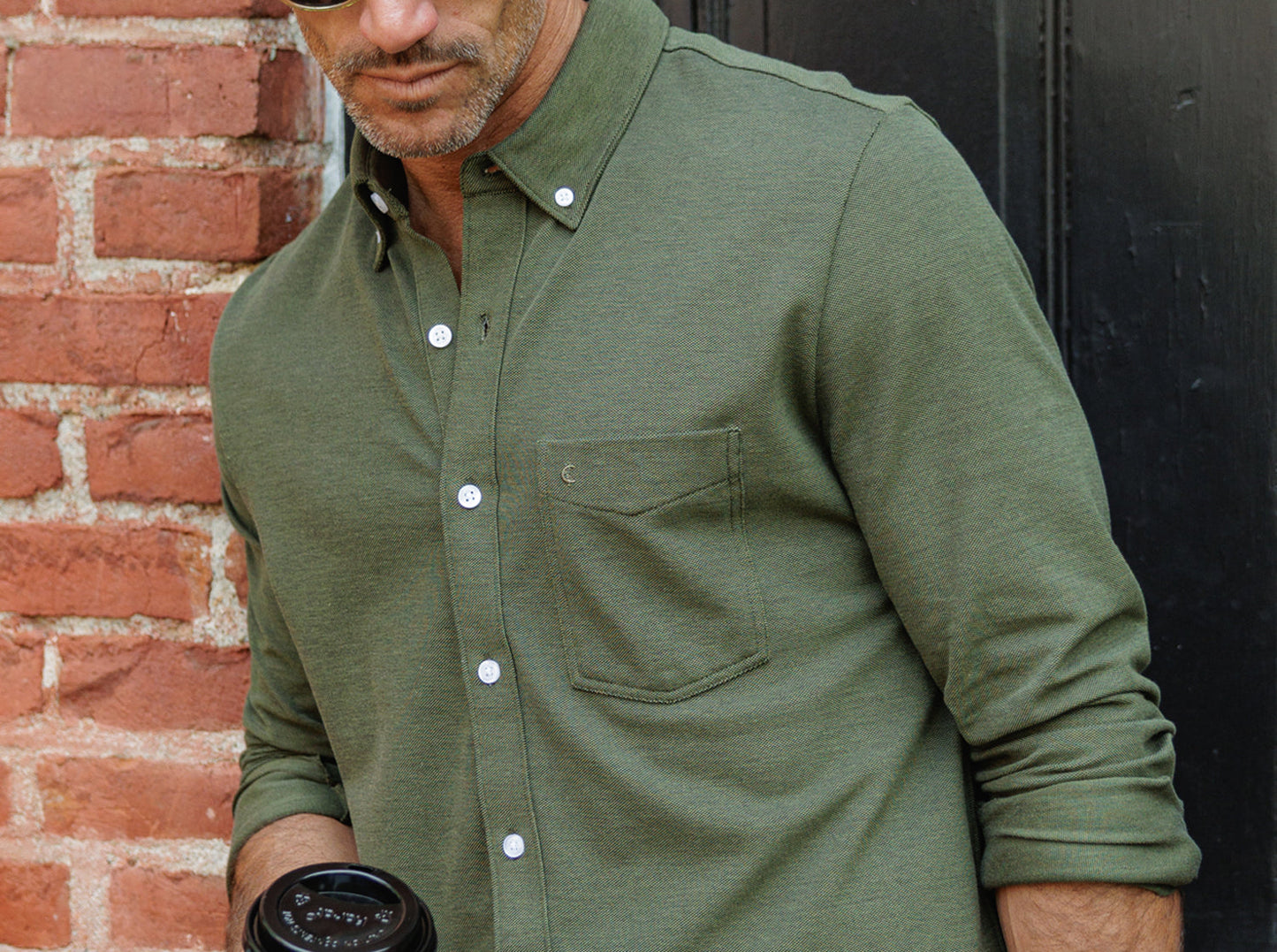 Criquet Oxford Knit Button Down in Dark Olive, view 3
