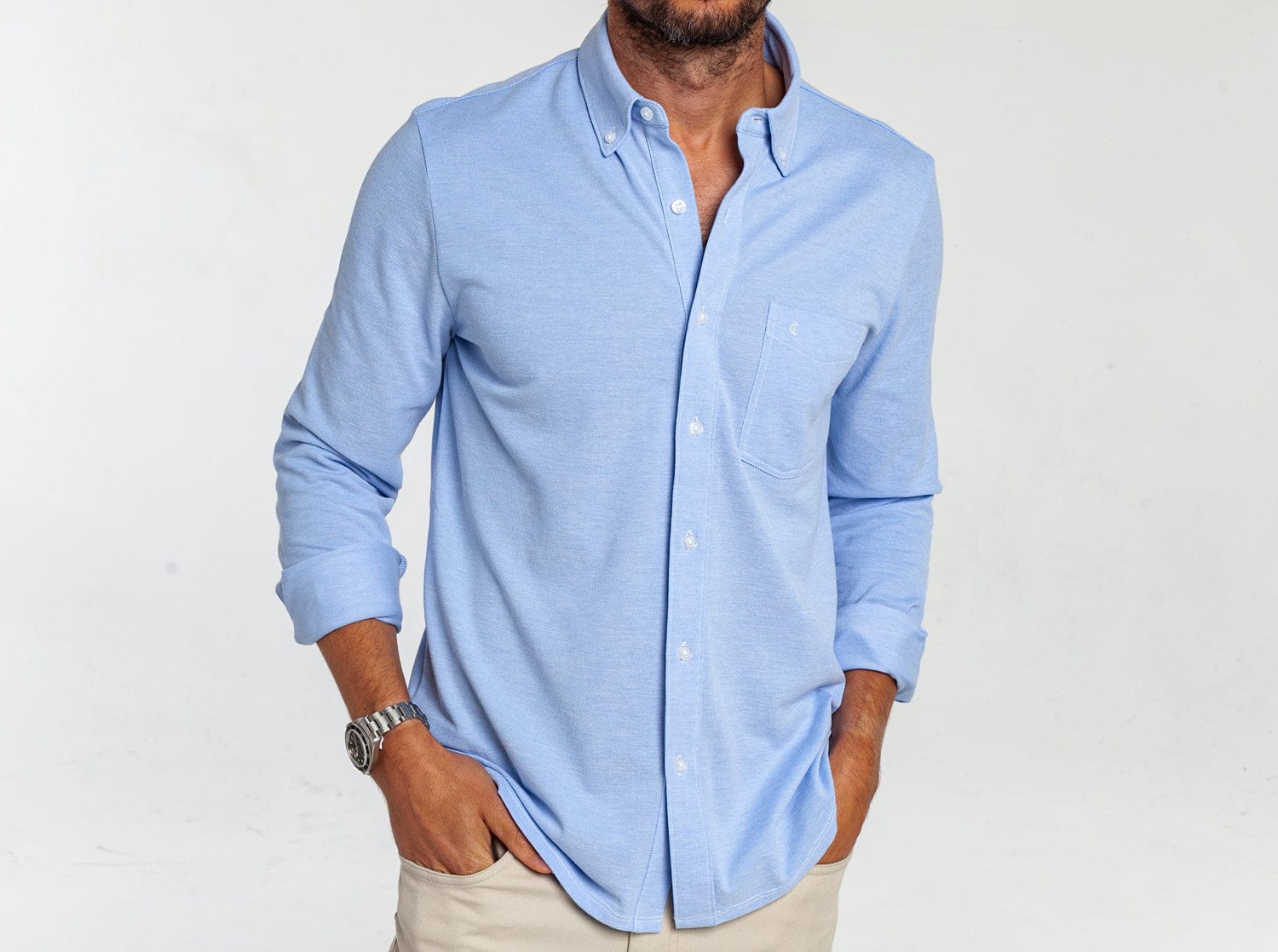 Criquet Oxford Knit Button Down in Light Blue, studio photo
