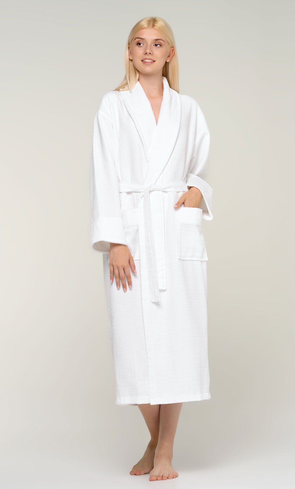 Turkish Cotton White Waffle With Velour Shawl Robe