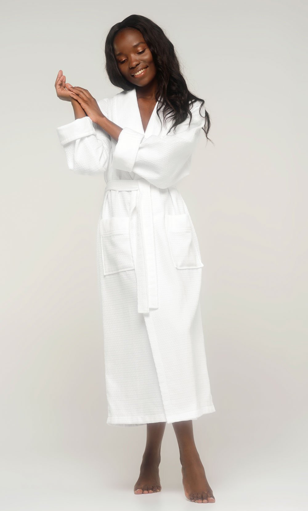 Turkish Cotton White Waffle With Velour Shawl Robe