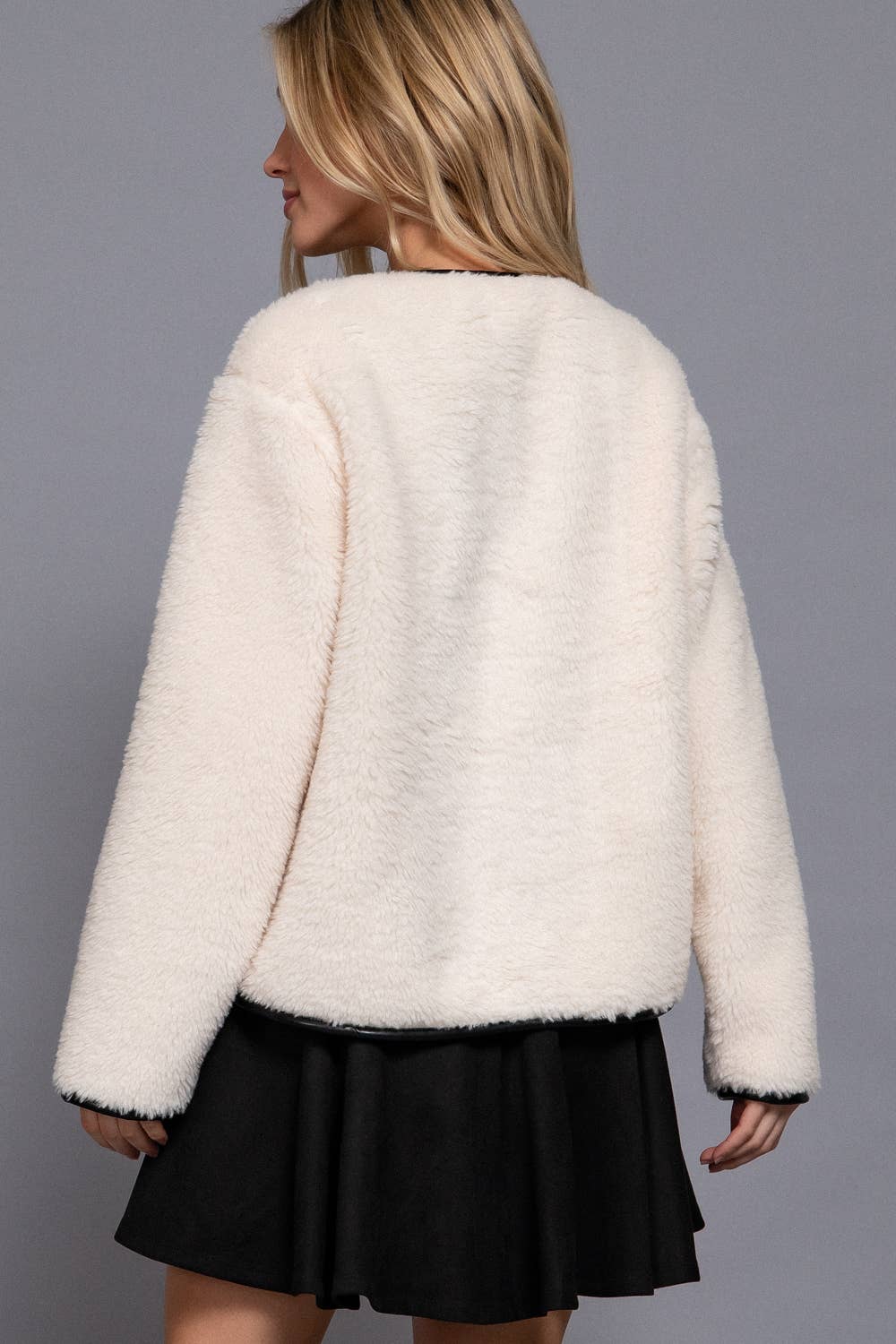 Long Sleeve Crew Neck with Toggle Look Button Fluffy Jacket