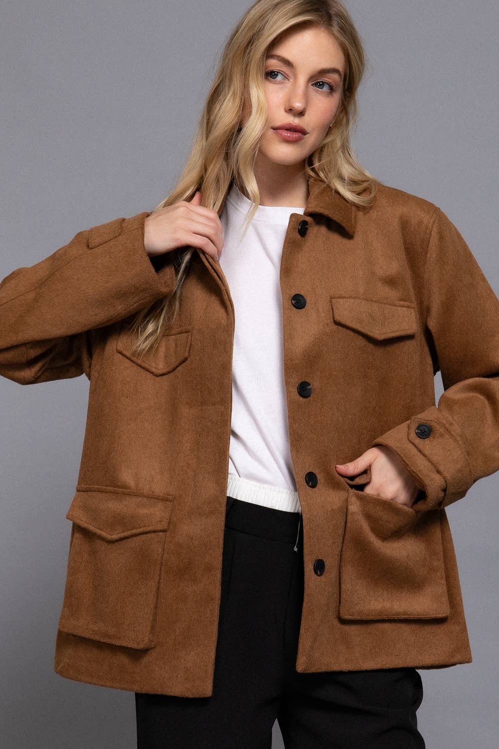 Long Sleeve Front Concealed Button with Flap Soft Felt Coat