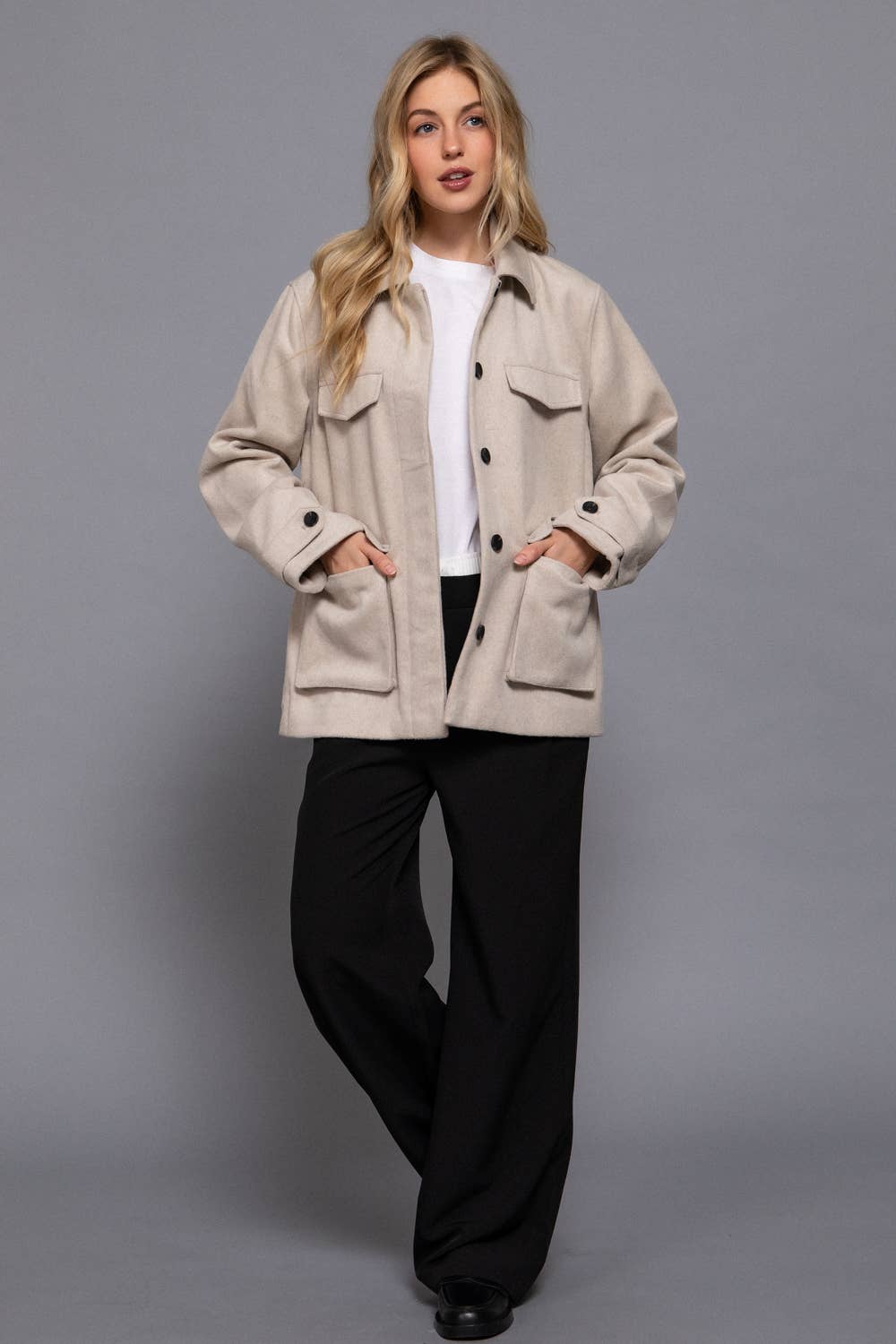 Long Sleeve Front Concealed Button with Flap Soft Felt Coat