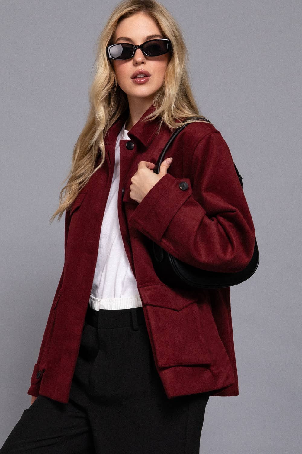 Long Sleeve Front Concealed Button with Flap Soft Felt Coat