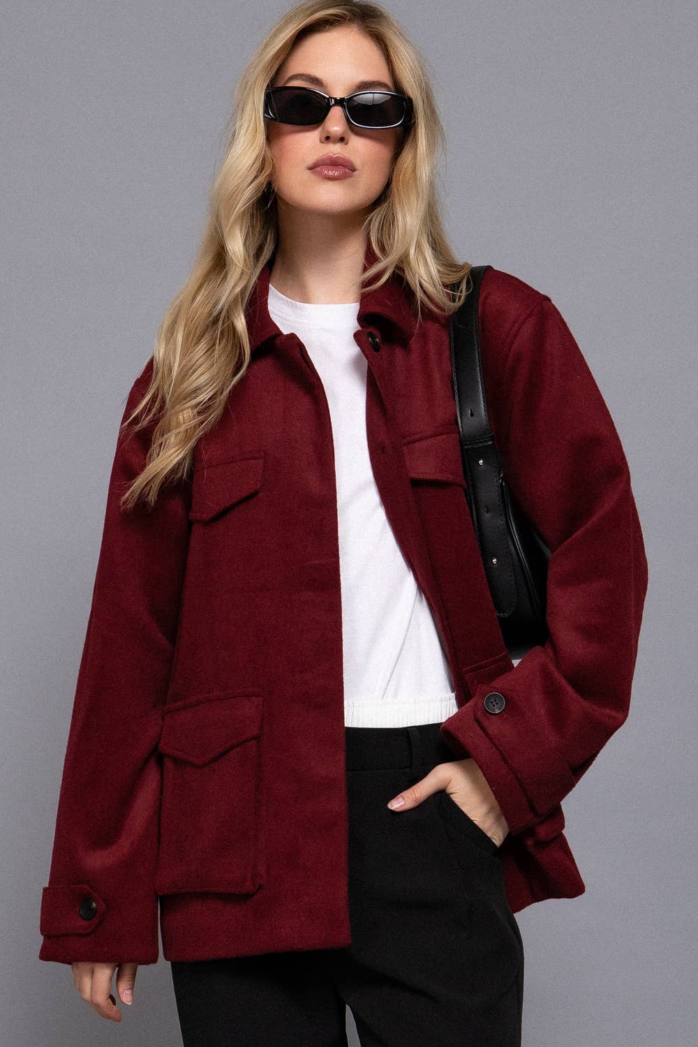 Long Sleeve Front Concealed Button with Flap Soft Felt Coat