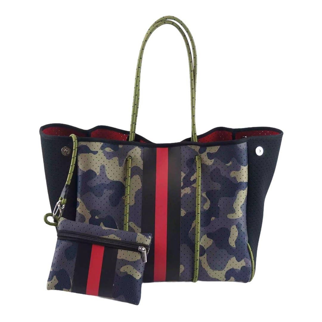 The Aniella Neoprene Tote - Green Camo with Red Racer Stripe