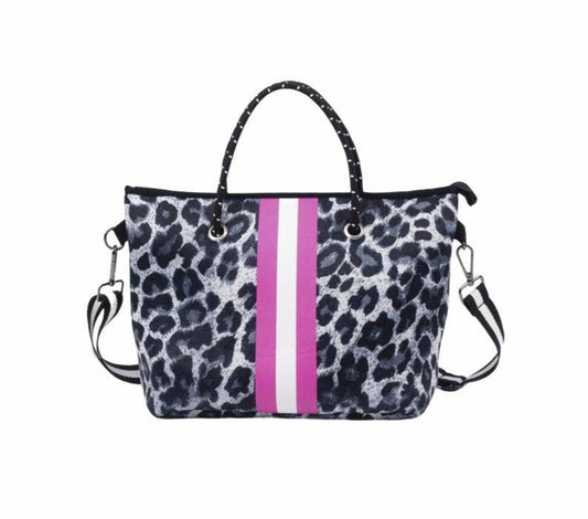 The Lucia Neoprene Med. Tote - Snow Leopard with Pink Stripe