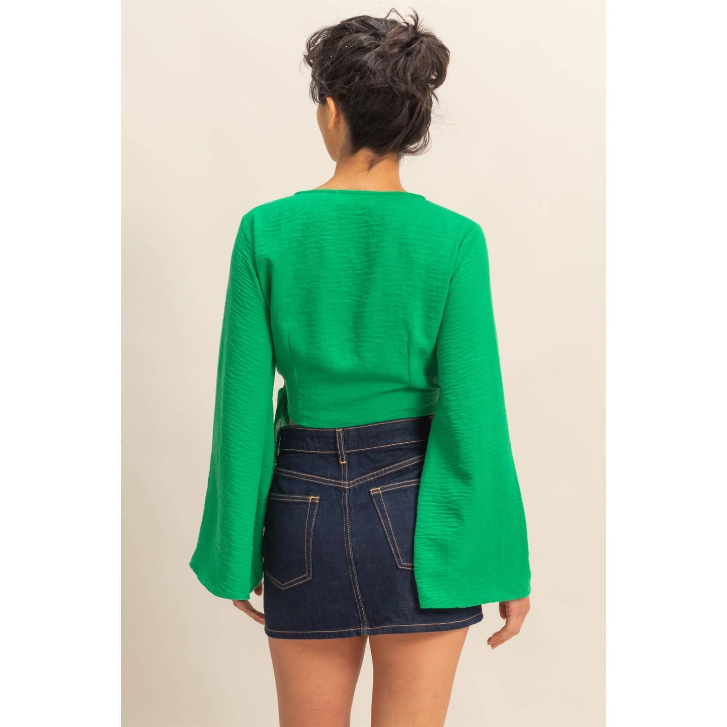 Crinkle Woven Wrap Style Cropped Blouse