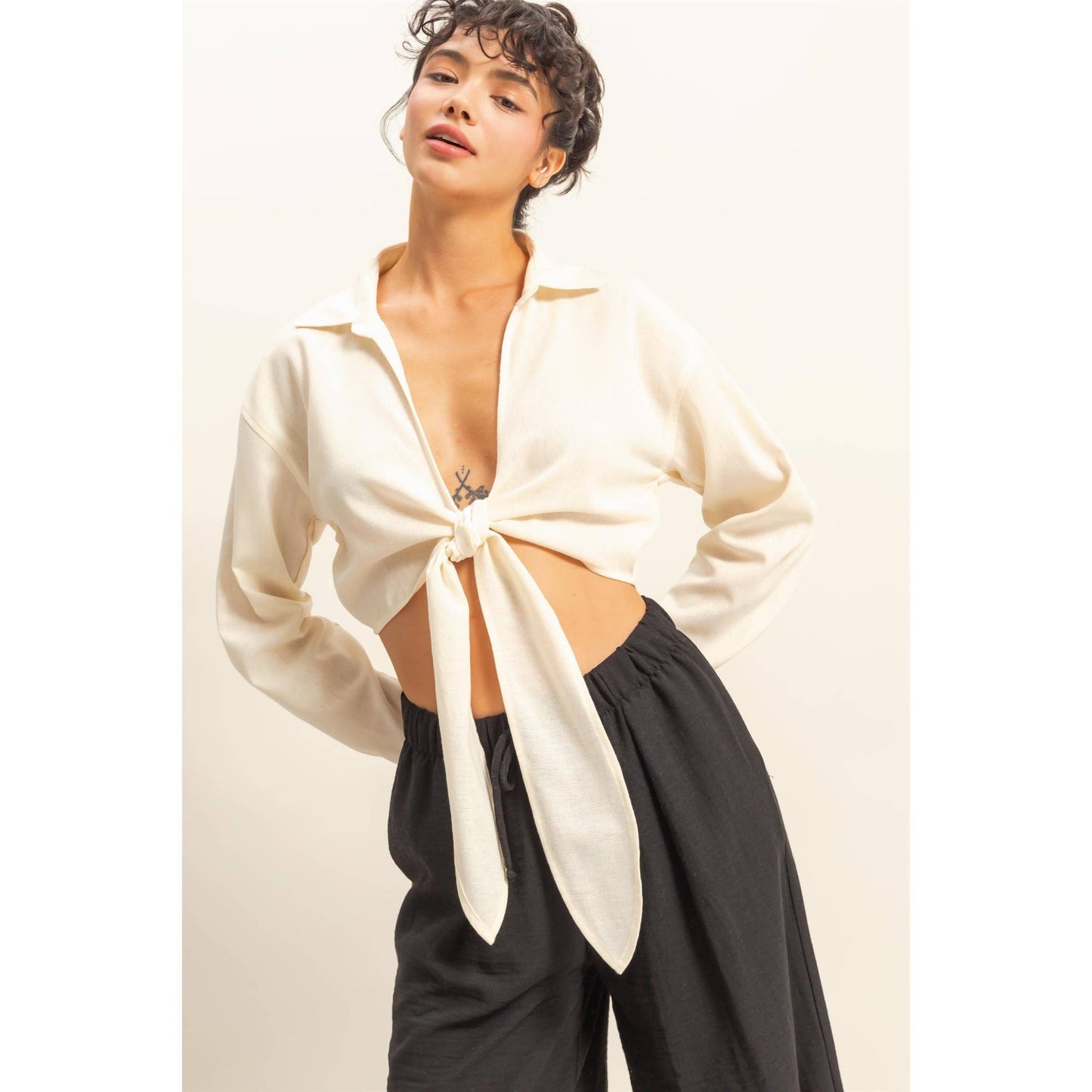 Sand Washed Tie Front Crop Top