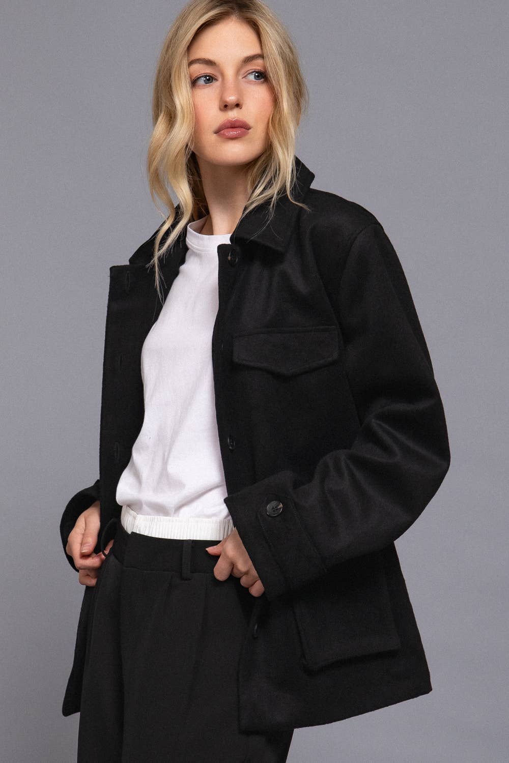 Long Sleeve Front Concealed Button with Flap Soft Felt Coat