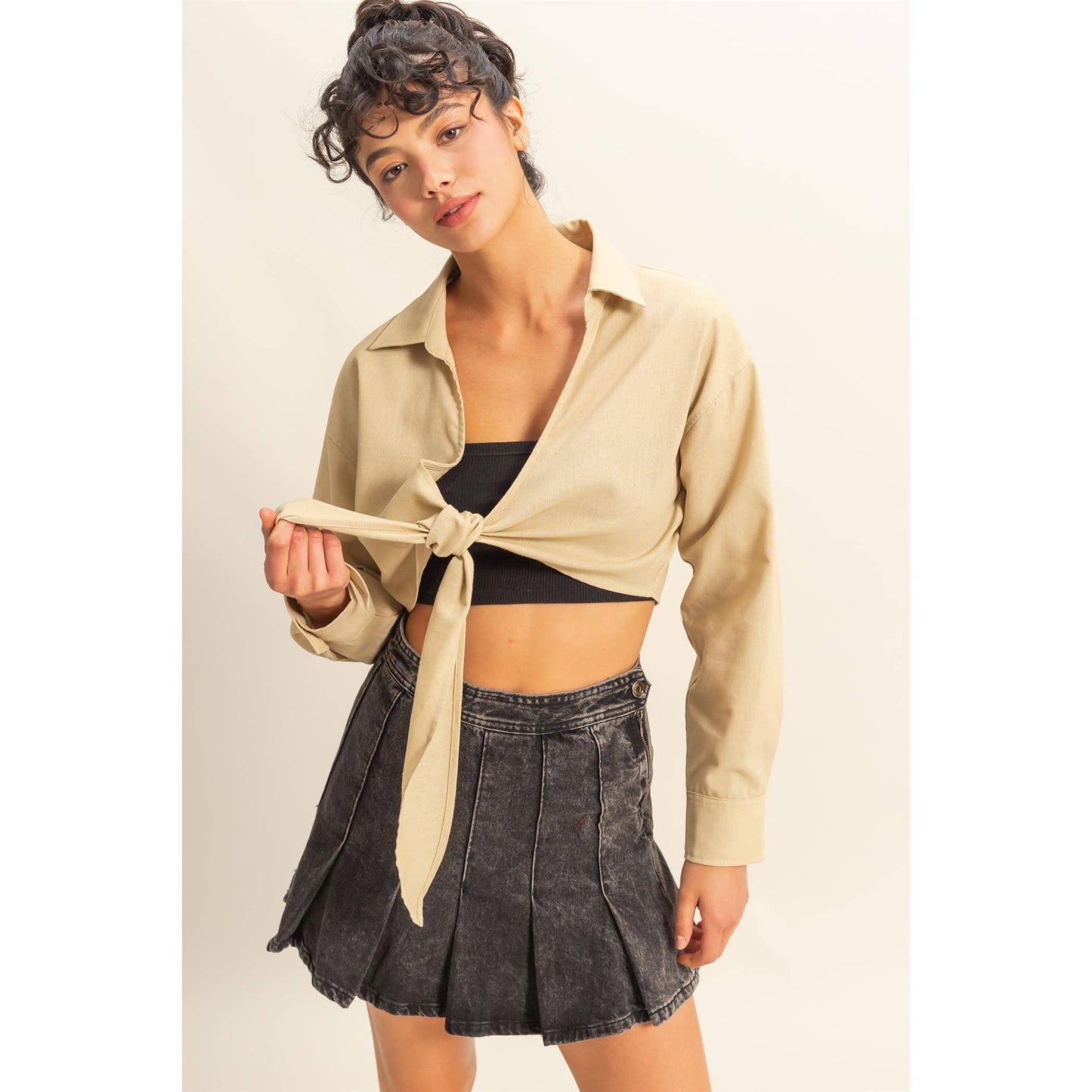 Sand Washed Tie Front Crop Top