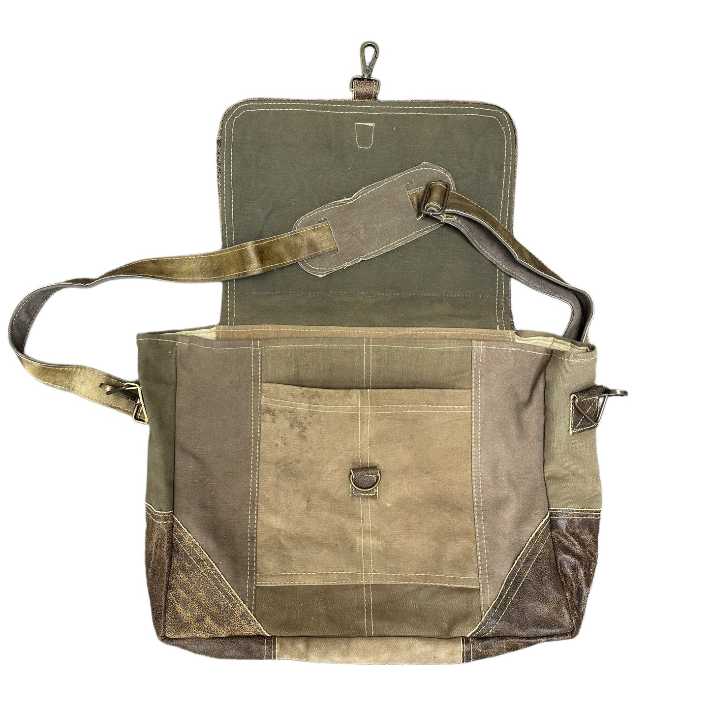 Vintage Leather and Recycled Military Tent Messenger Bag