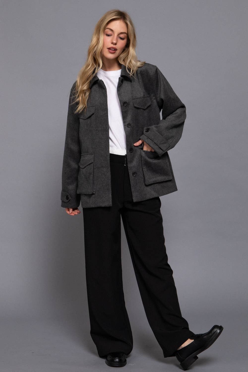 Long Sleeve Front Concealed Button with Flap Soft Felt Coat