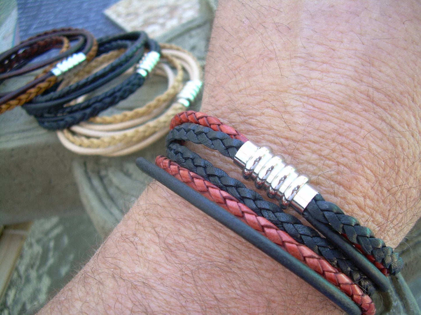 Mens Leather Bracelet|Stainless Steel Magnetic Clasp Double Wrap Bracelet