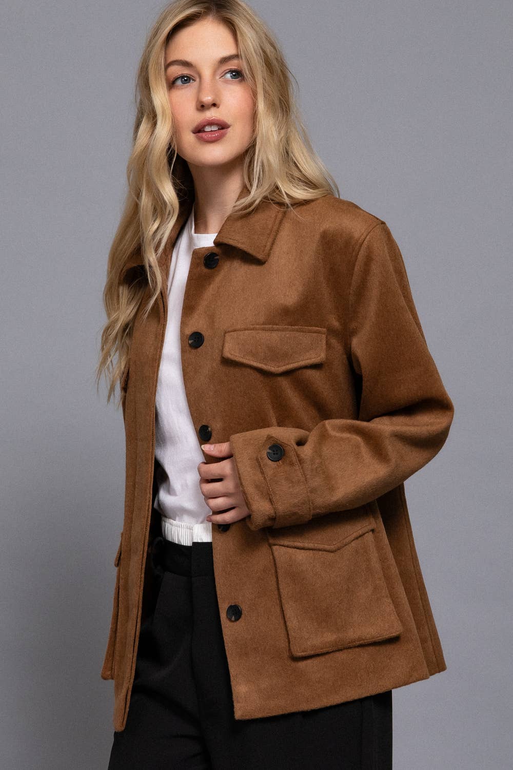 Long Sleeve Front Concealed Button with Flap Soft Felt Coat