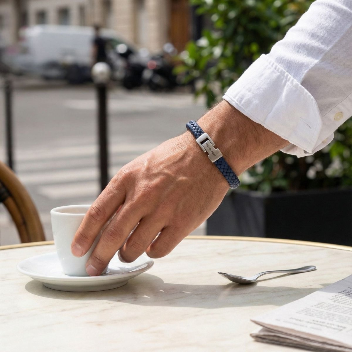 Denim Jeans Blue Braided Leather Men's Bracelet - STEEL & BARNETT