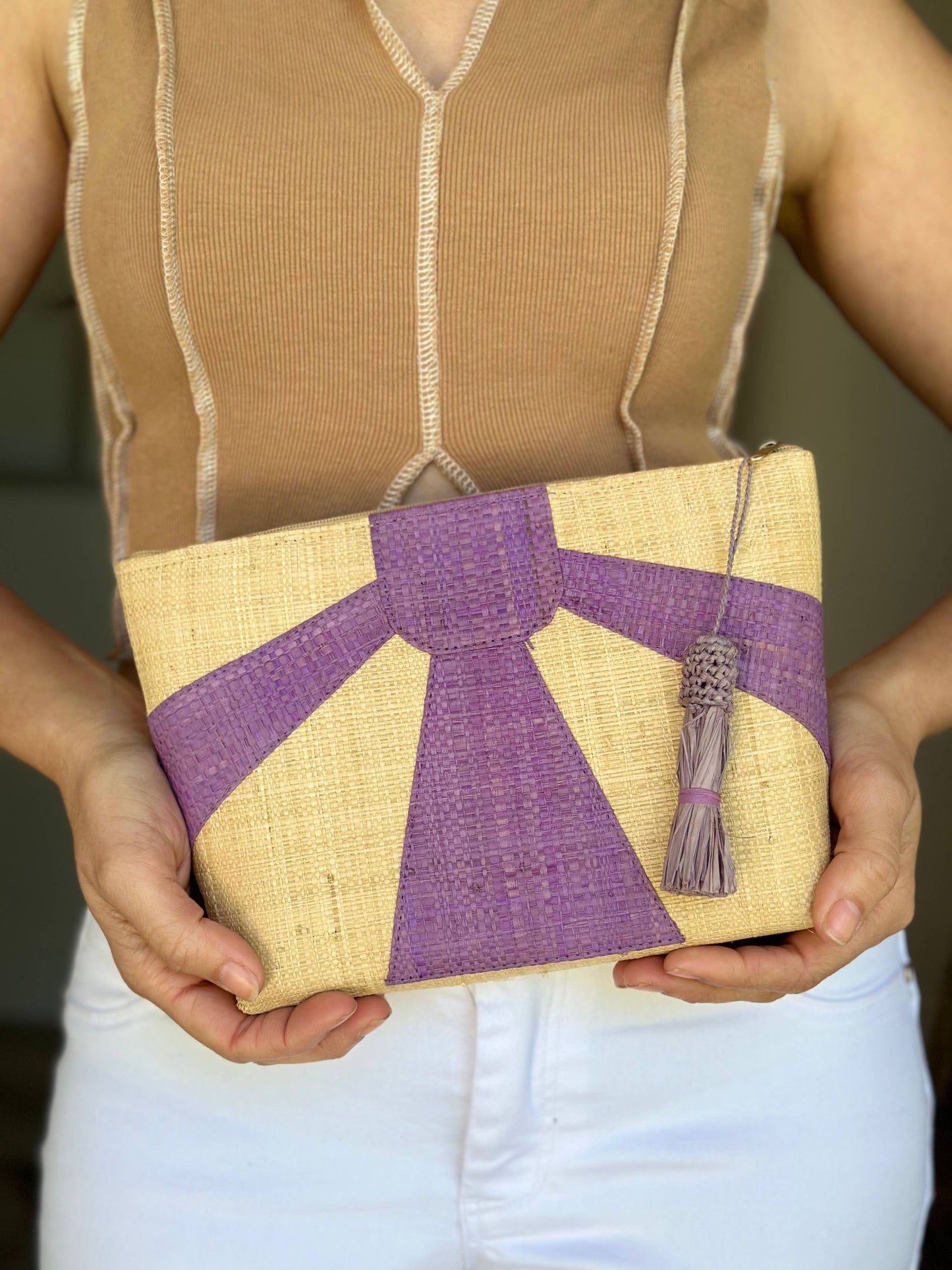 Sunburst Cosmetic Straw Pouch Clutch with Tassel Zipper Pull